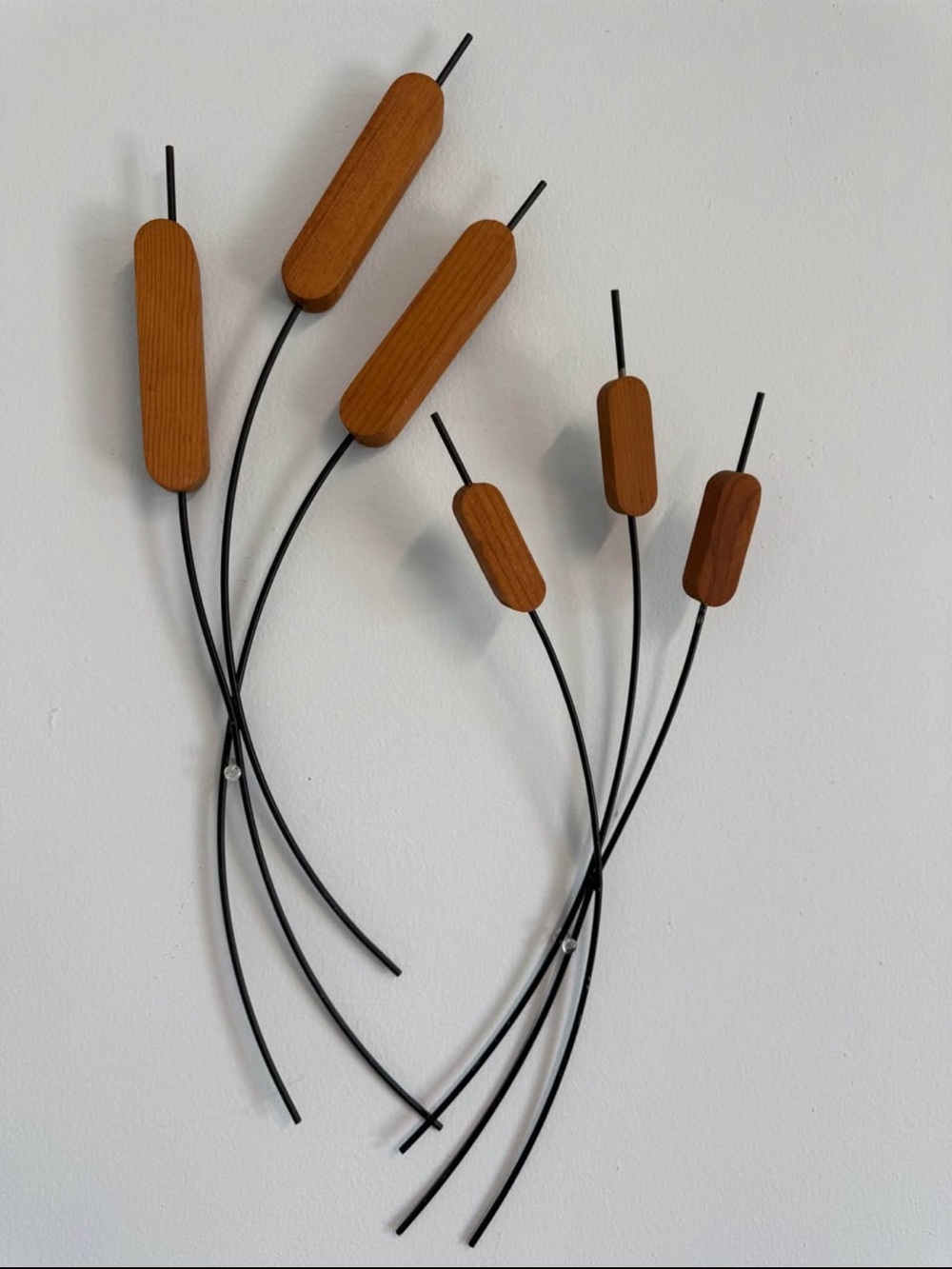 Mid-Century Modern Wooden & Black Metal Cat Tails Wall Sculpture